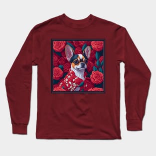 Dogs, Chihuahua and flowers, dog, seamless print, style vector (red version Chihuahua) Long Sleeve T-Shirt